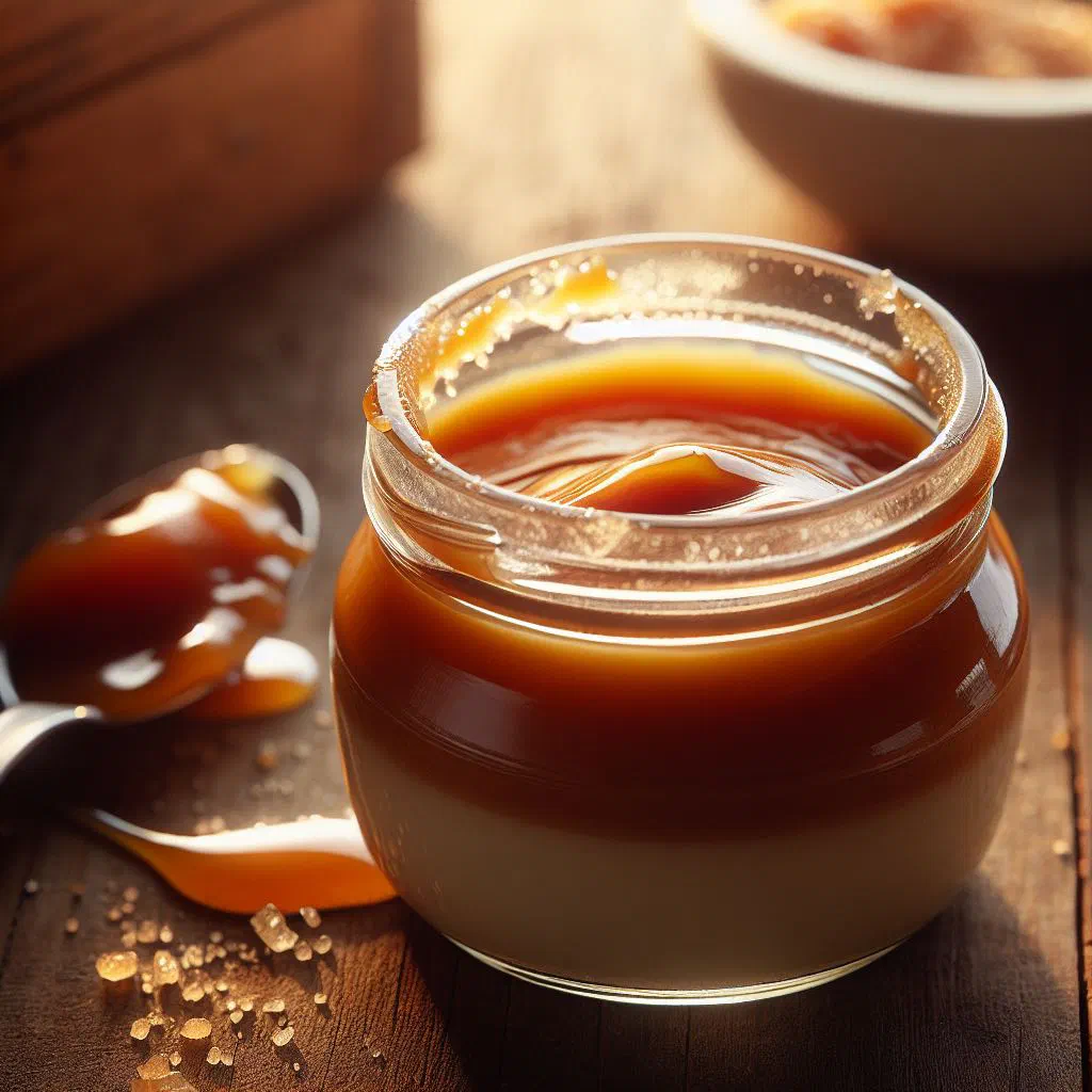 A jar of thick golden dulce de leche caramel with a spoon