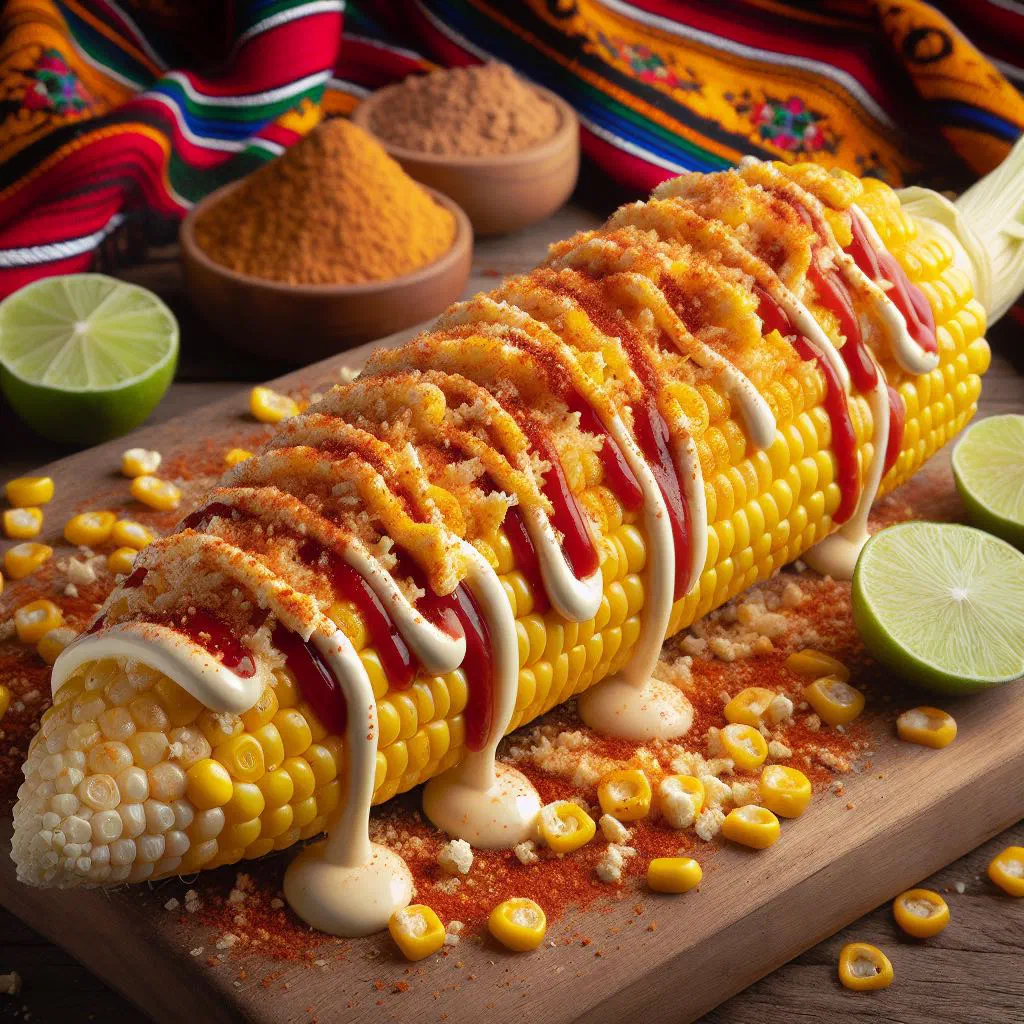 Grilled corn on the cob topped with mayonnaise, crumbled cheese and chilli