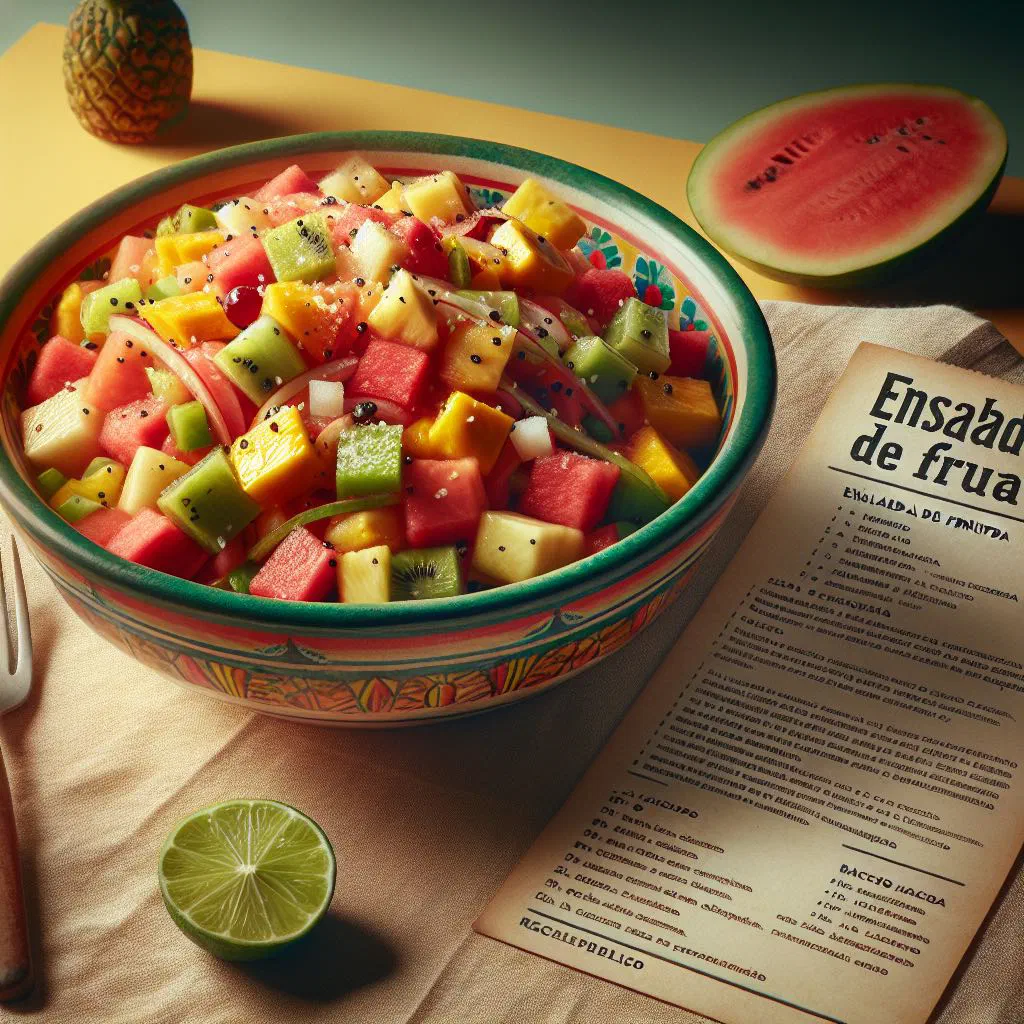A colourful bowl of diced tropical fruit salad garnished with mint