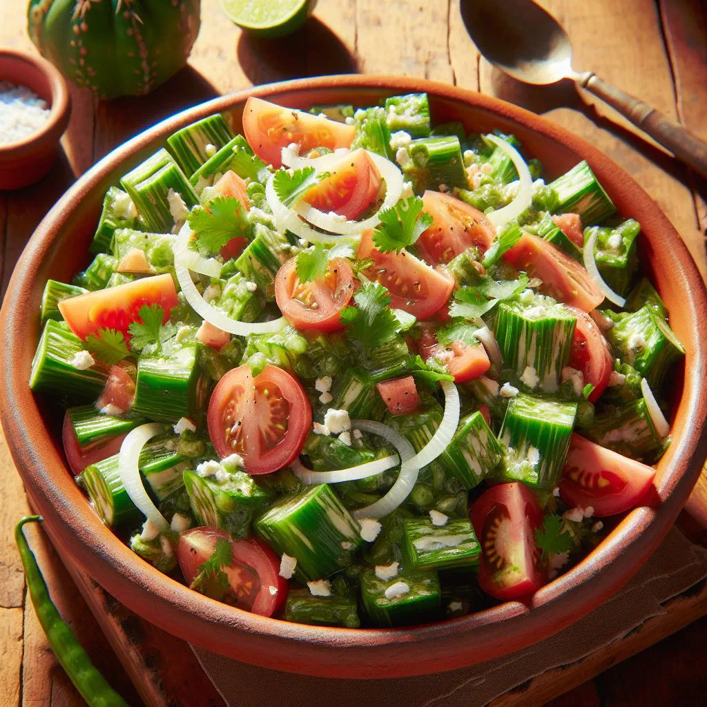 Fresh cactus salad with diced tomato, onion, coriander and lime
