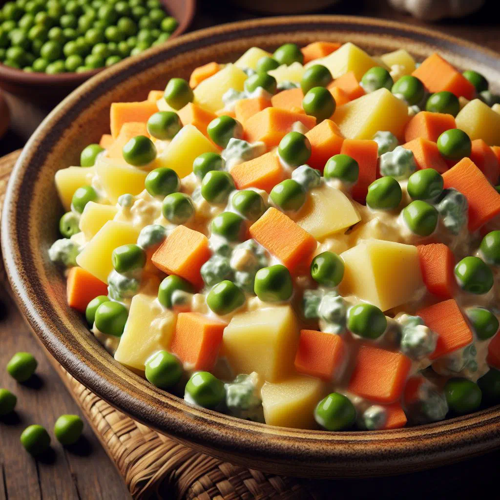 Bowl of Salvadoran ensalada rusa with potatoes, carrots and peas in a creamy dressing