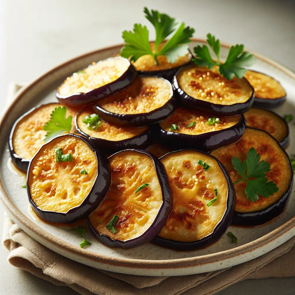 Golden fried aubergine slices served with a dip