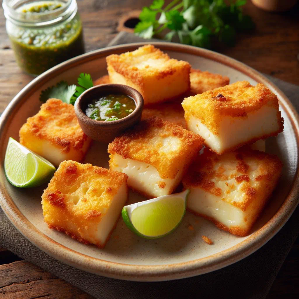 Golden fried fresh cheese slices with lime wedges and fresh herbs