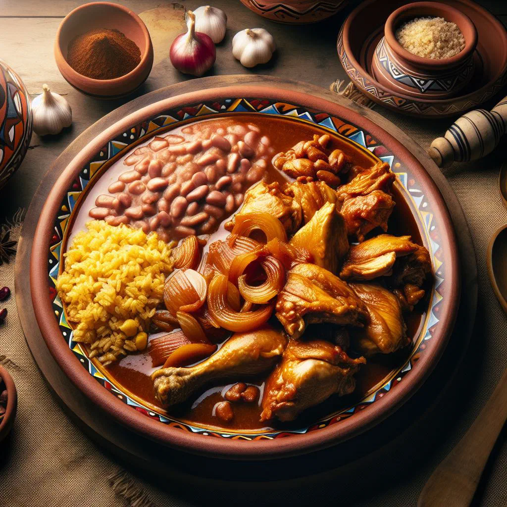 Tender chicken simmered in aromatic chicha sauce, garnished with fresh coriander