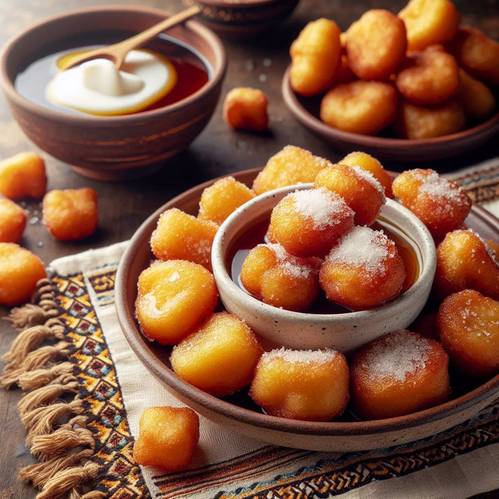 Golden fried nuegados de yuca drizzled with dark molasses syrup
