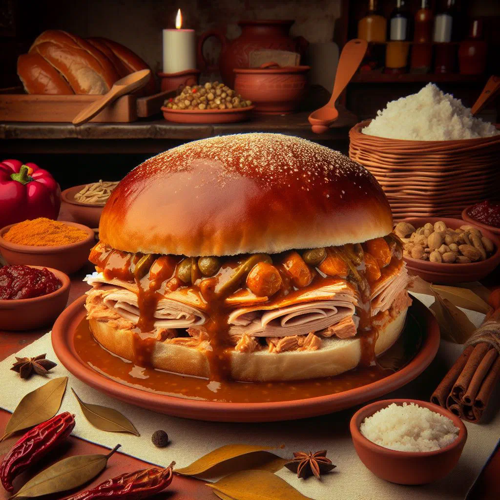 Pan con Chumpe sandwich filled with braised pork and fresh vegetables