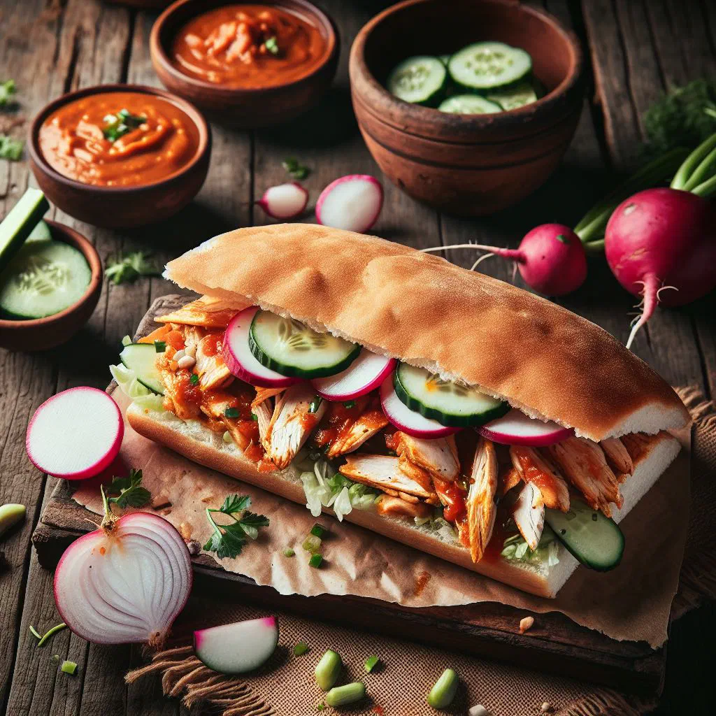 Panes con pollo — a Salvadoran chicken sandwich with lettuce and tomato in a soft bread roll