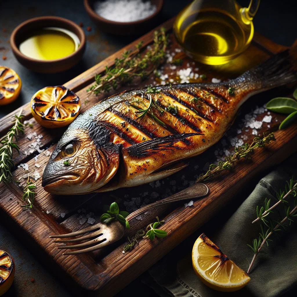 Grilled fish fillet with lemon slices and fresh herbs
