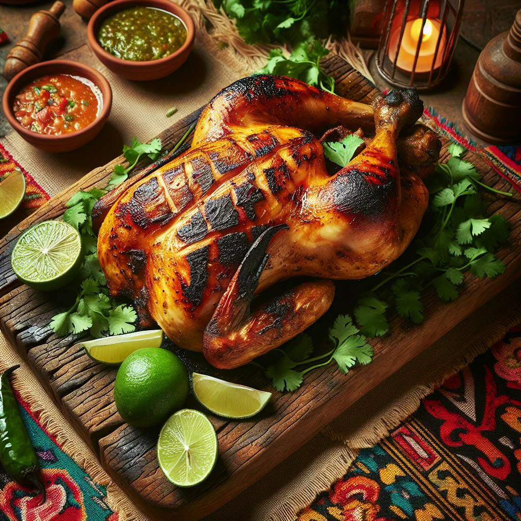 Grilled pollo asado chicken garnished with fresh coriander and lime