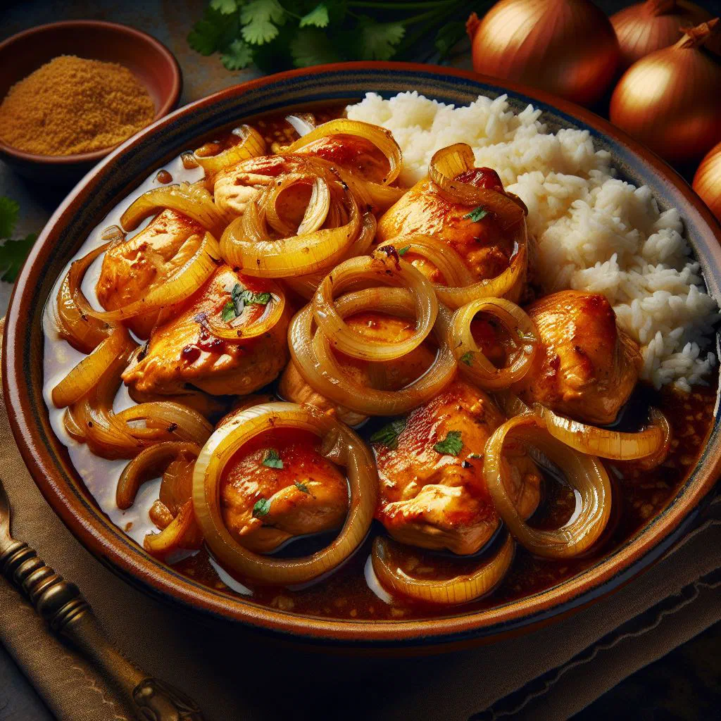 Salvadoran pollo encebollado with caramelised onion rings and fresh coriander