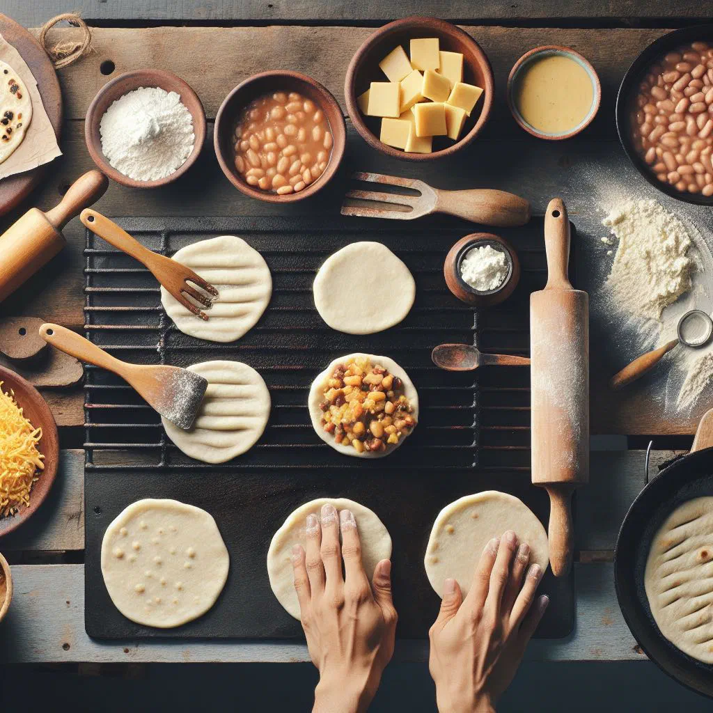 Golden griddled pupusas revueltas filled with cheese, beans and pork