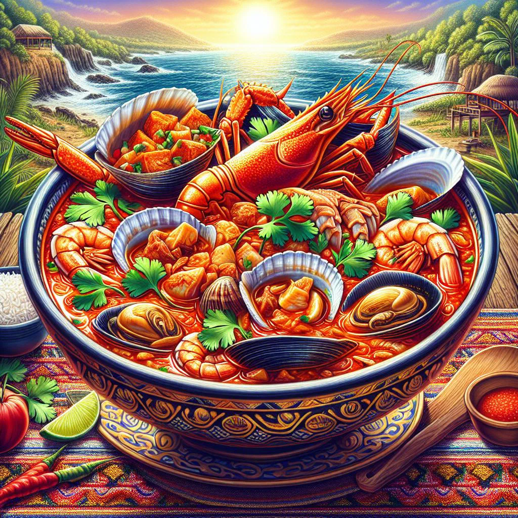 Salvadoran seafood soup with shrimp, mussels and fish in a rich broth