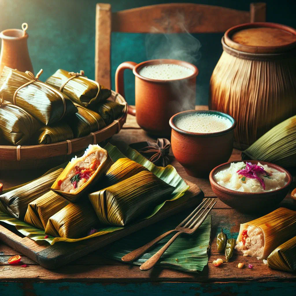 Salvadoran tamales wrapped in corn husks on a plate