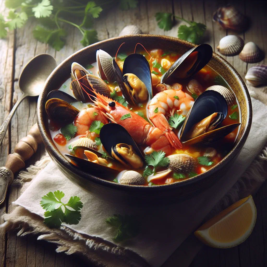 Bowl of Salvadoran seafood soup with prawns, squid and fresh coriander