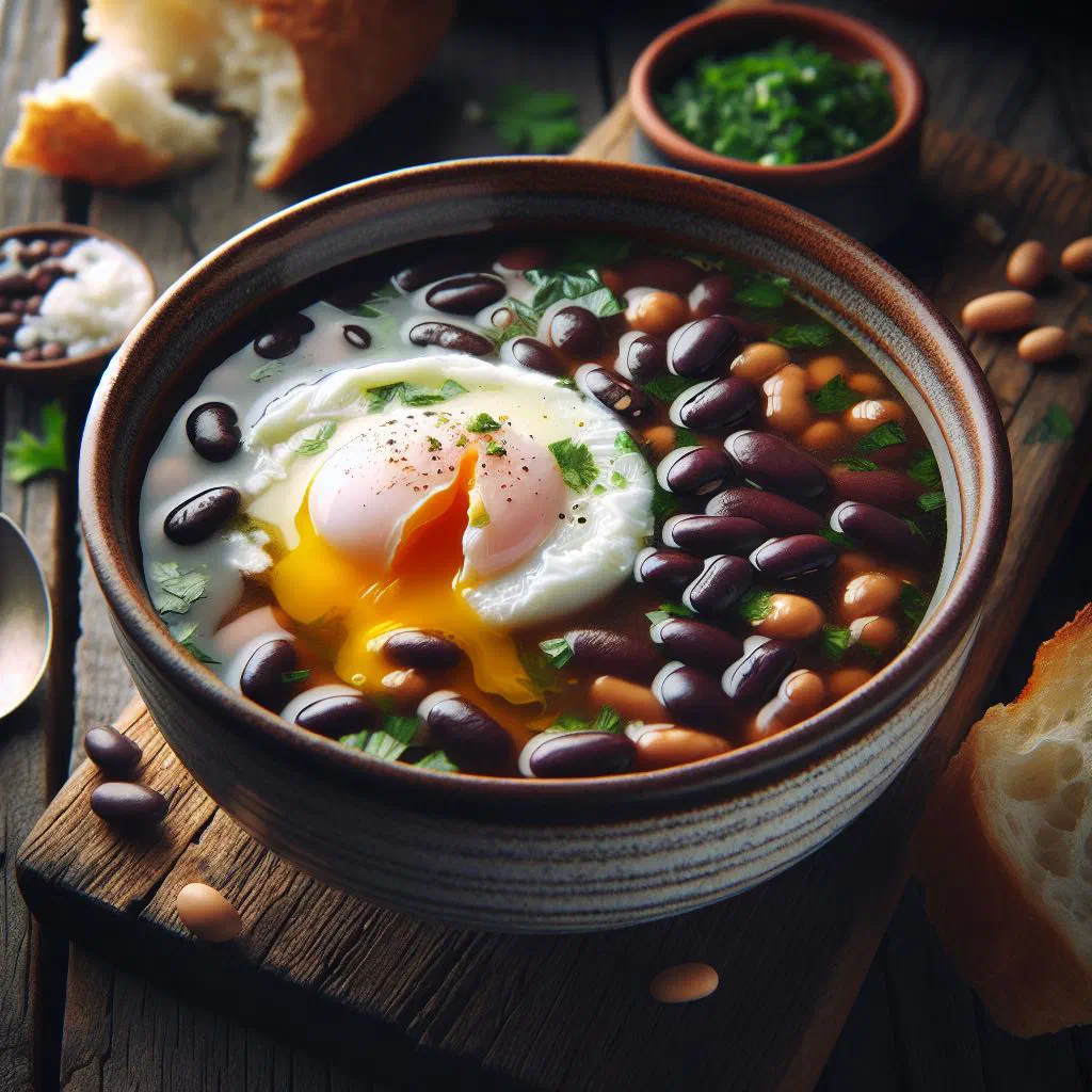 Bowl of Salvadoran black bean soup topped with egg and fresh coriander