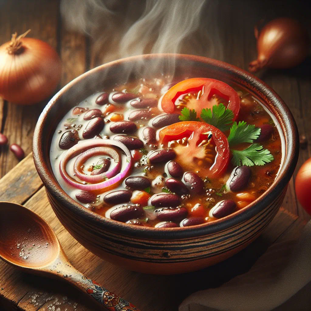 Bowl of Salvadoran bean soup garnished with fresh coriander