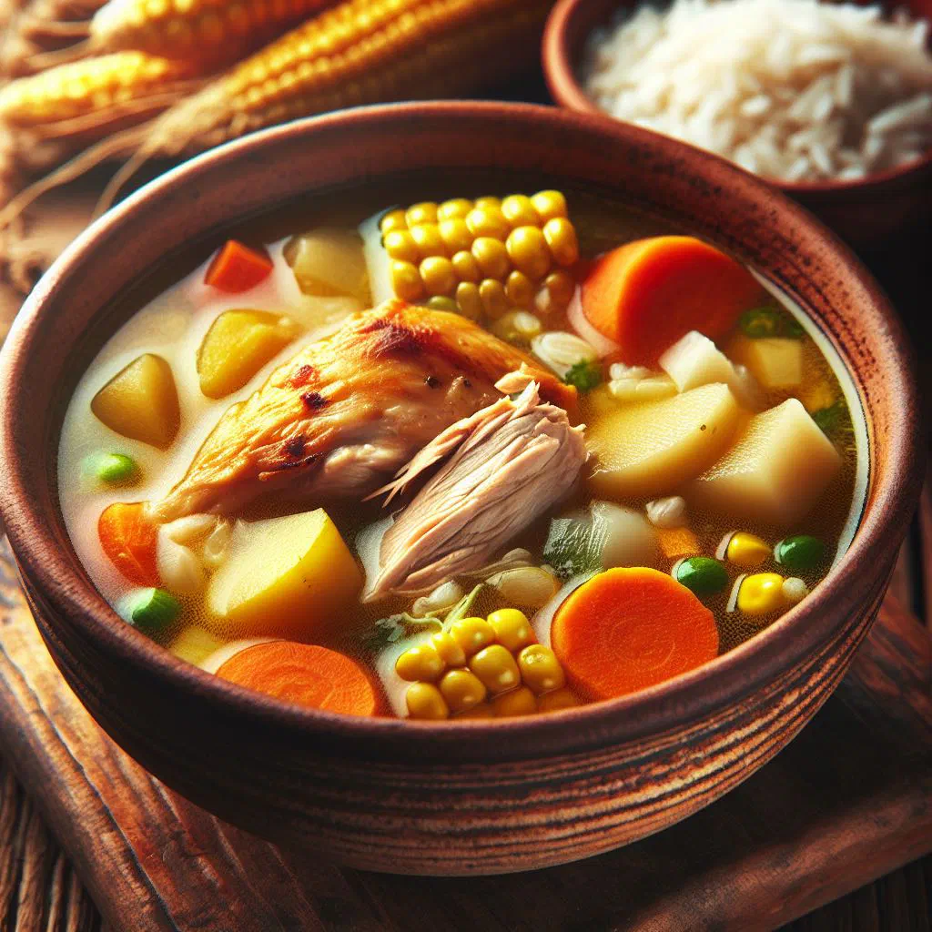 Bowl of Salvadoran sopa de gallina criolla with chicken, vegetables and coriander