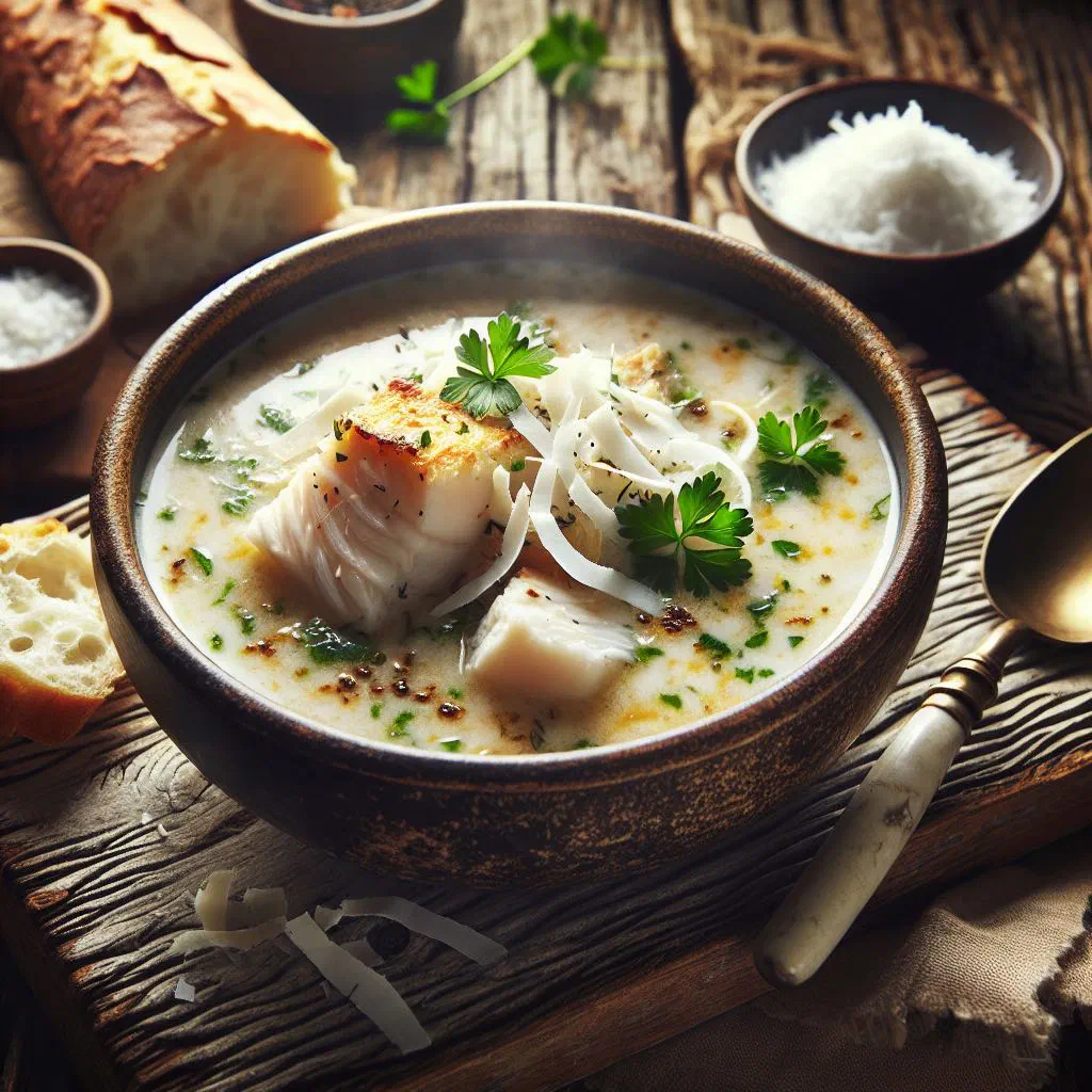 Bowl of Salvadoran coconut fish soup garnished with fresh coriander and lime