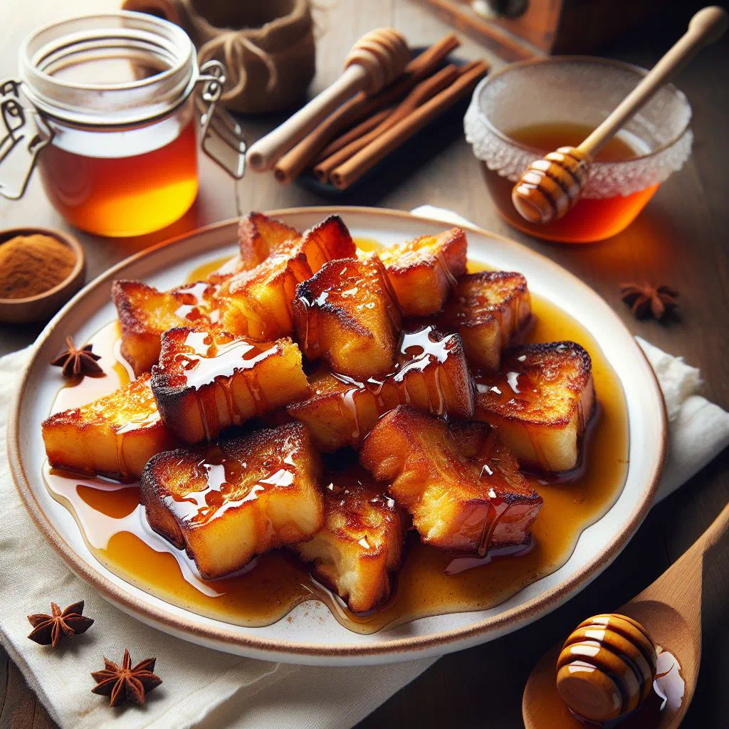 Golden fried bread slices drizzled with honey glaze on a dessert plate