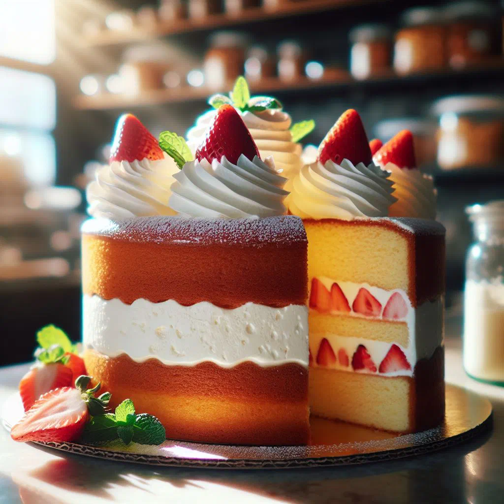 Slice of tres leches cake topped with whipped cream