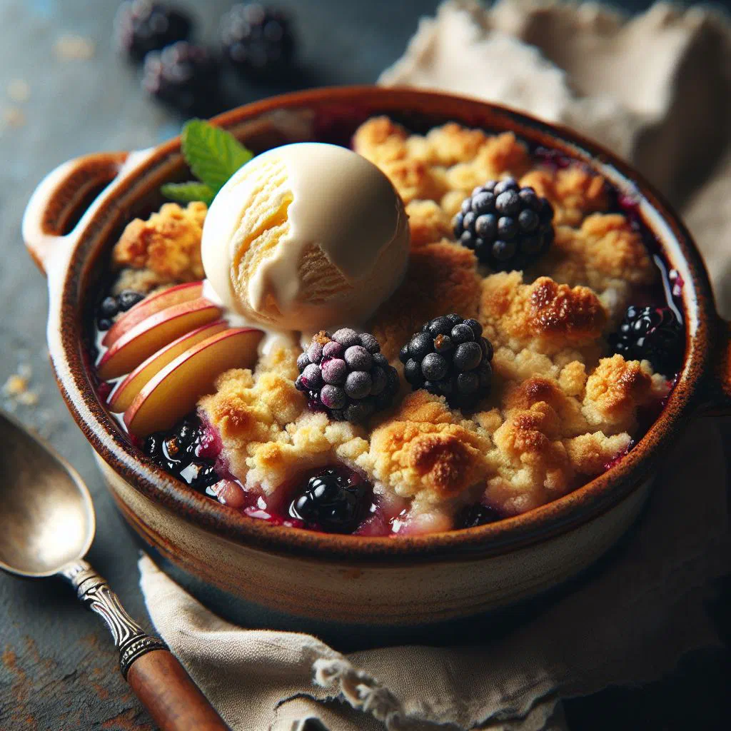 Apple and blackberry crumble with a golden oat topping in a baking dish