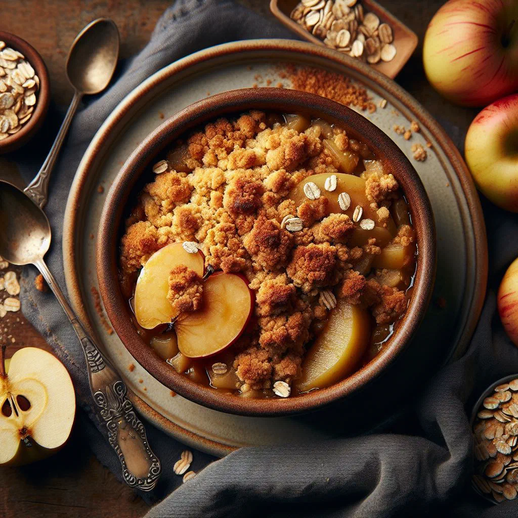 Golden baked apple crumble with a crisp oat topping in a dish