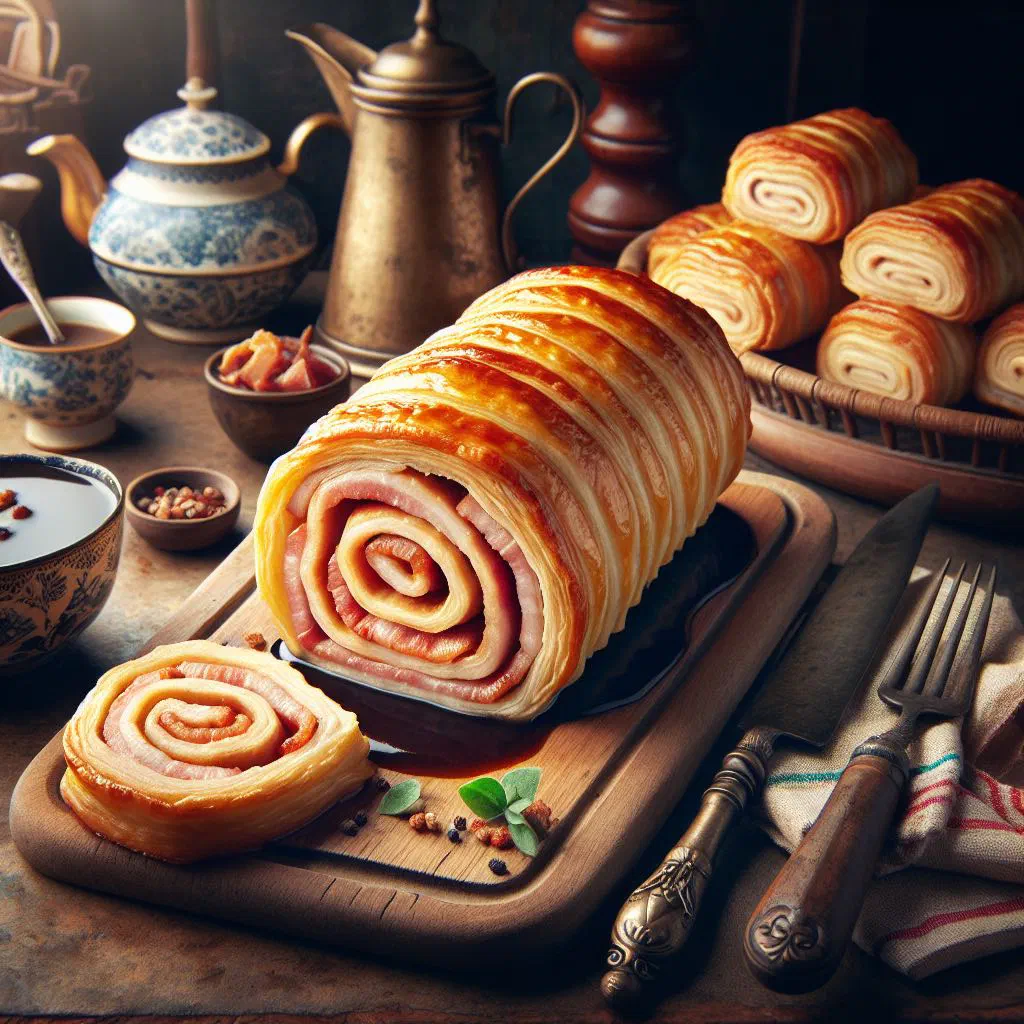Golden baked bacon roly-poly sliced to show the spiral filling
