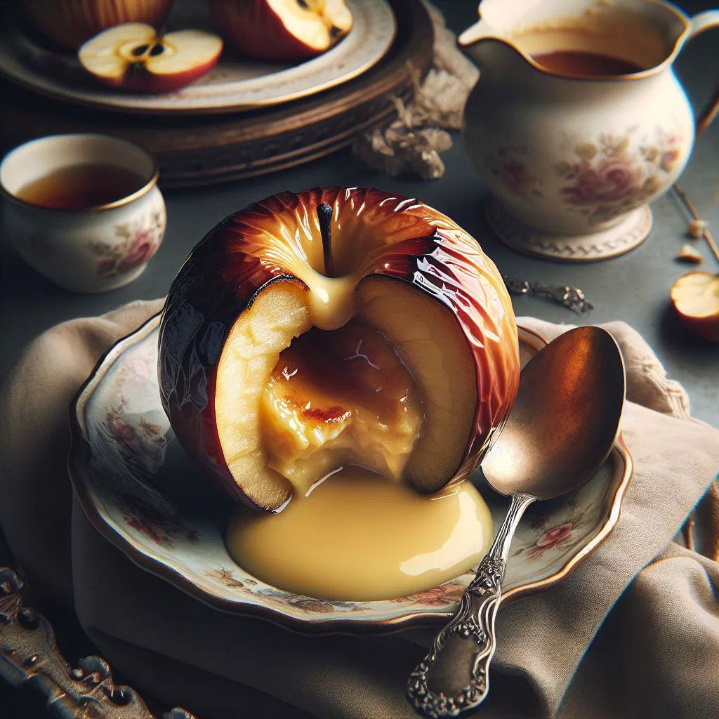 Baked apple in a bowl topped with warm vanilla custard