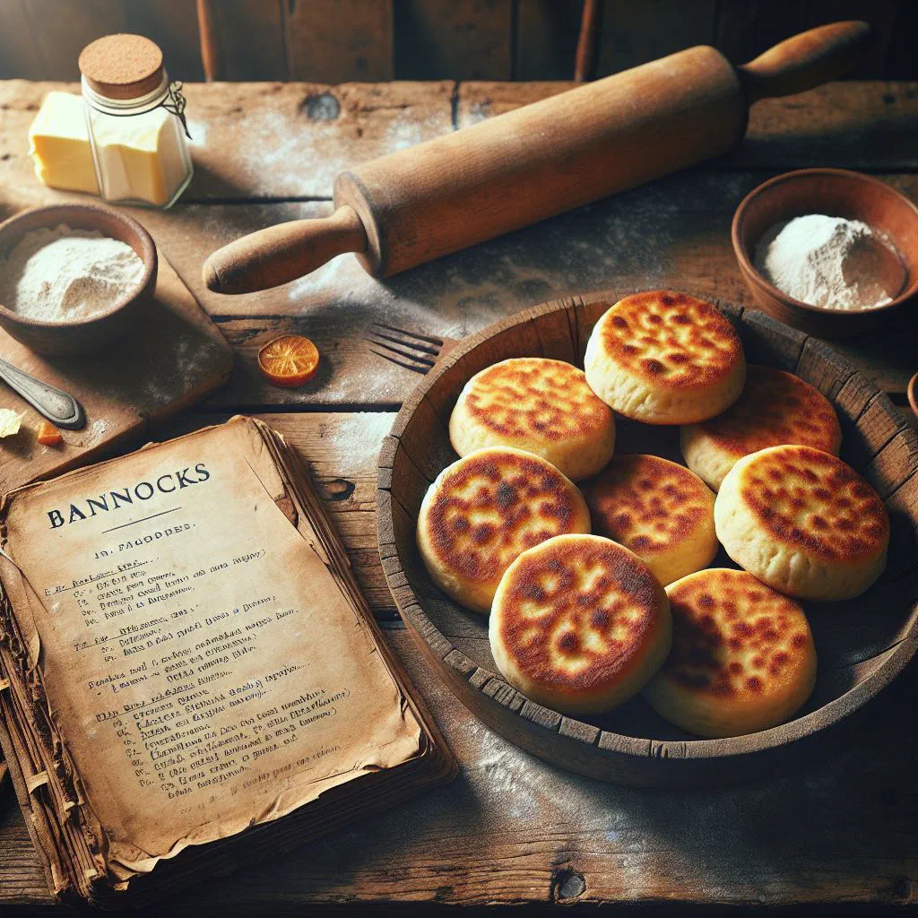 Golden griddle-baked bannocks stacked on a rustic wooden board