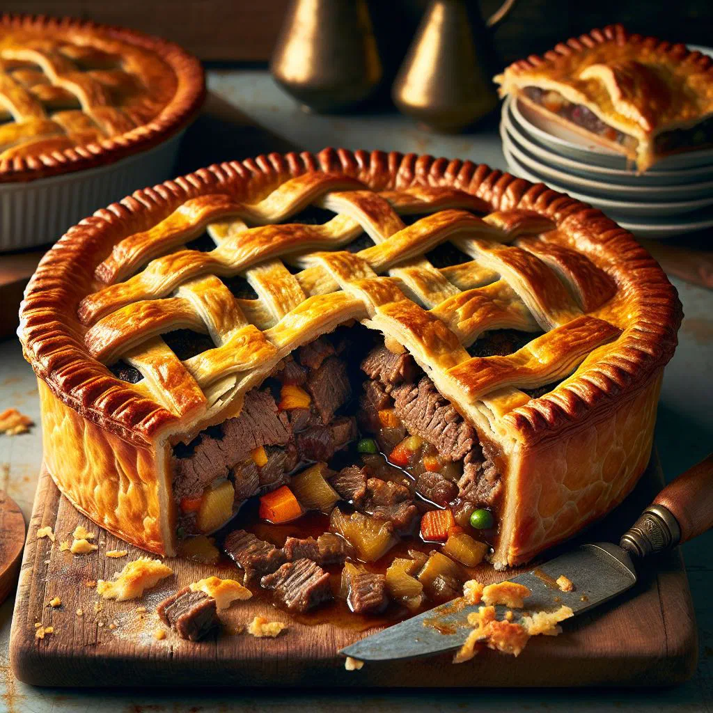 Golden beef and ale pie with a flaky pastry crust