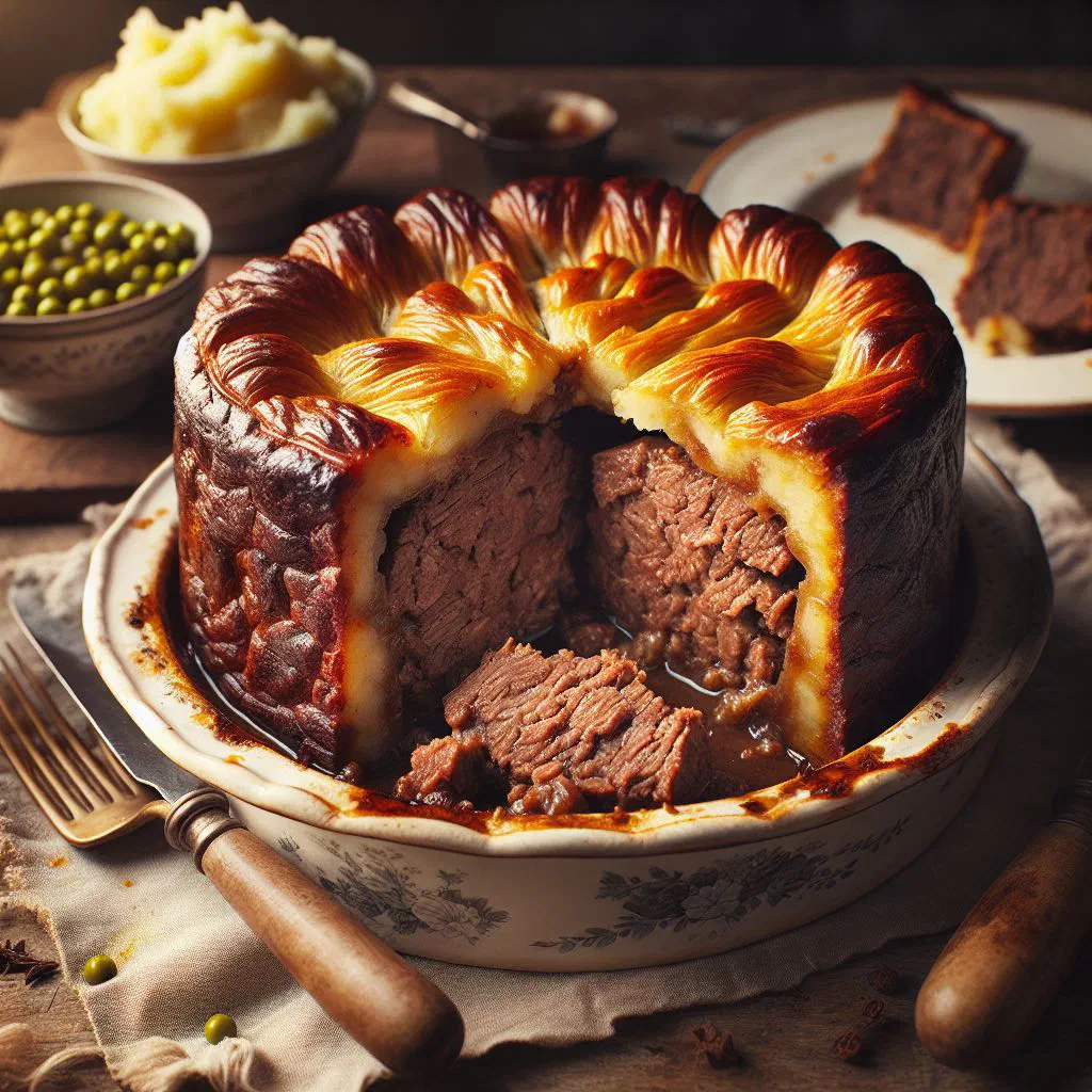 A steamed beef suet pudding turned out onto a plate with rich gravy