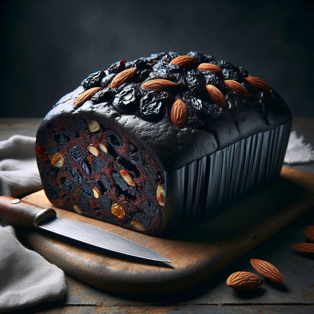A dense fruit-filled black bun in its dark pastry crust, sliced to show the filling