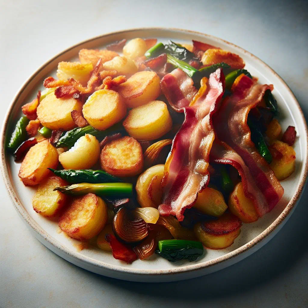 Golden, crispy bubble and squeak topped with rashers of bacon