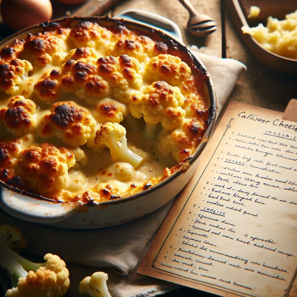 Golden baked cauliflower cheese with a bubbling cheddar crust