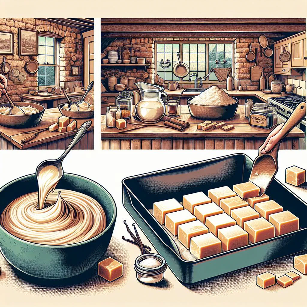 Squares of golden clotted cream fudge on a wooden board