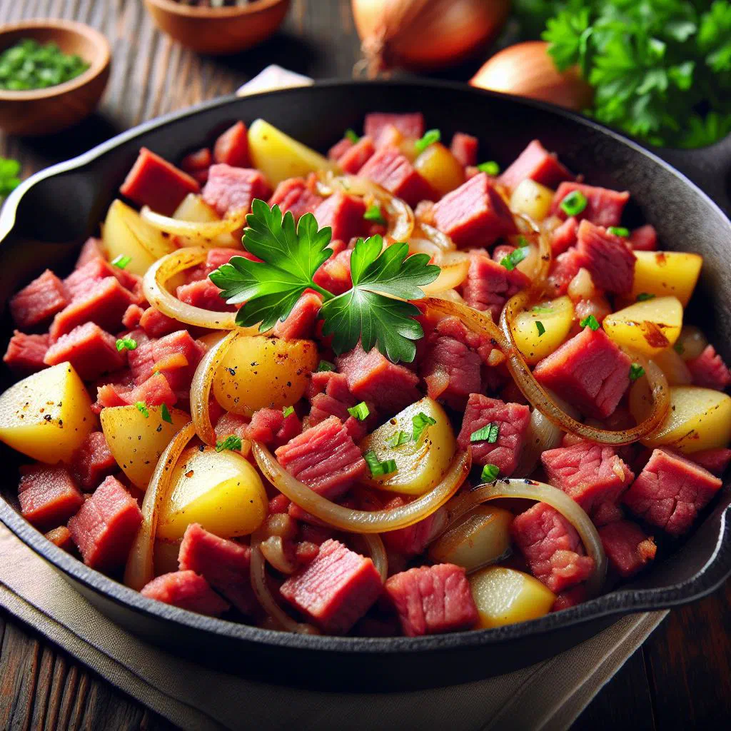 Corned beef hash with crispy potatoes and a fried egg on top