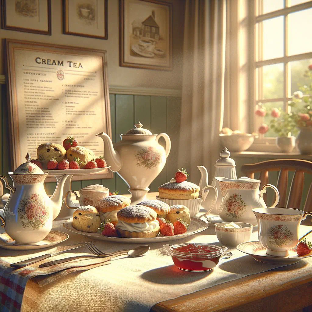 Cream tea with freshly baked scones, jam and clotted cream