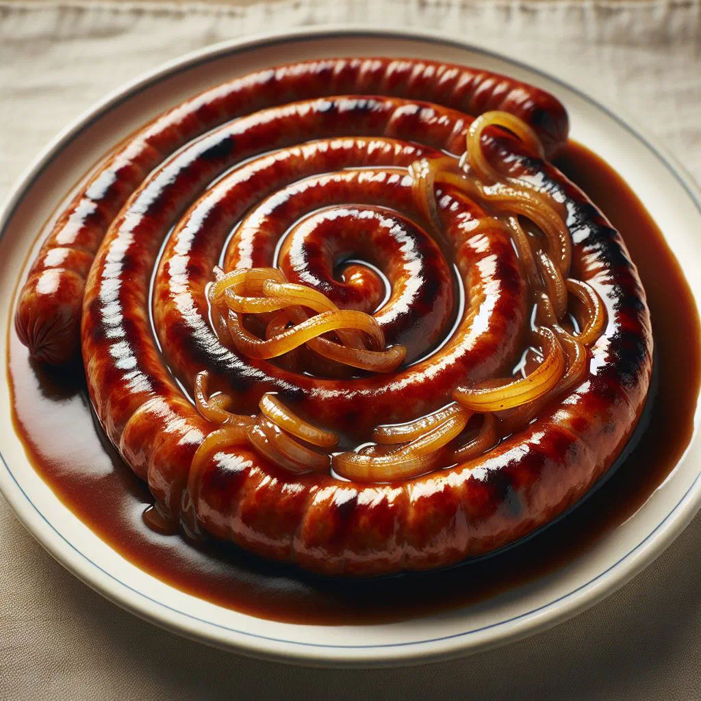 Coiled Cumberland sausage served with rich onion gravy