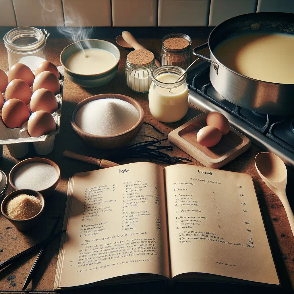 Smooth pouring custard in a jug beside a dessert