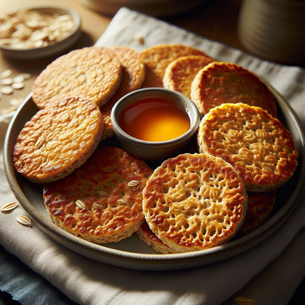Golden Derbyshire oatcakes stacked on a wooden board