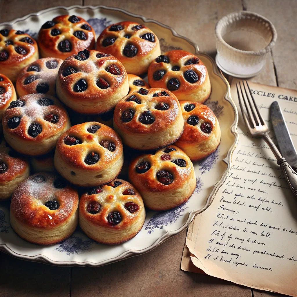 Golden Eccles cakes with a flaky pastry crust and dried fruit filling