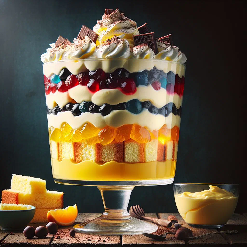 Layered English trifle with sponge, fruit, custard and whipped cream in a glass bowl