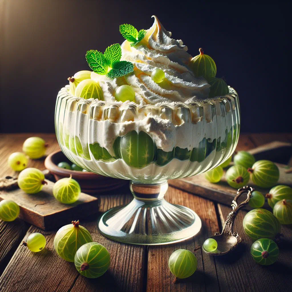 Gooseberry fool layered in a glass with fresh berries on top