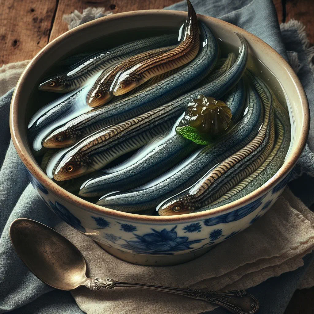 Jellied eels set in clear savoury jelly, garnished with fresh herbs