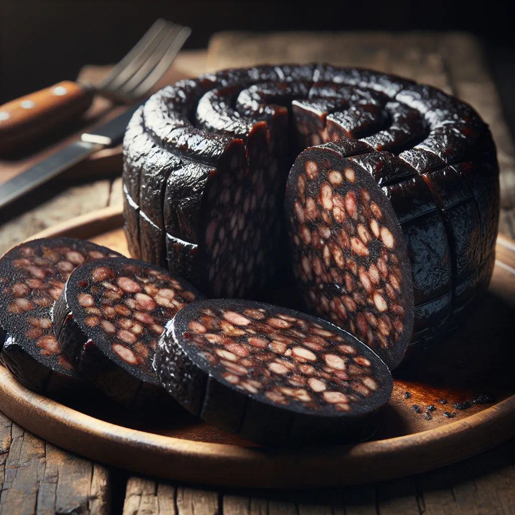 Sliced Lancashire black pudding fried until crisp and served on a wooden board