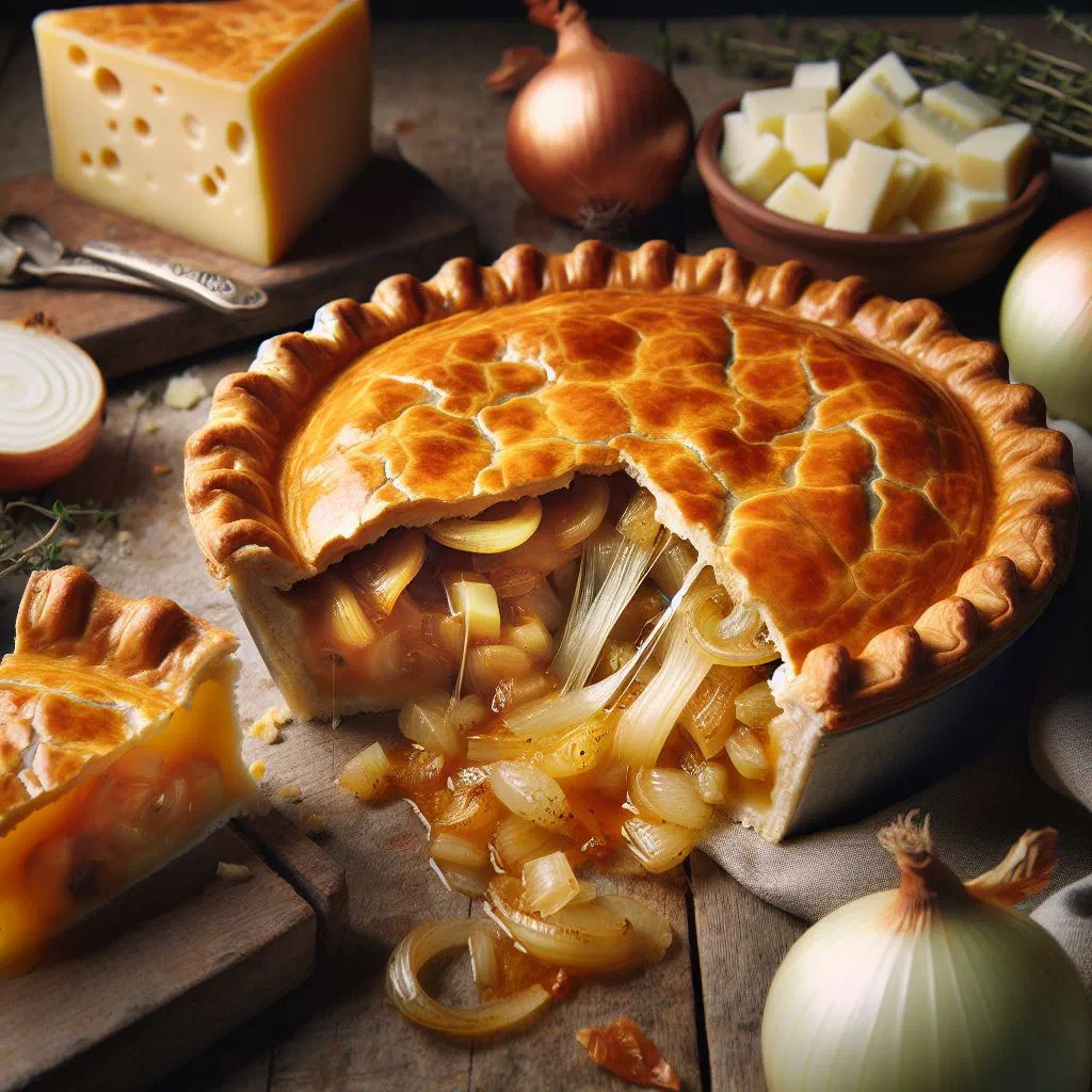 Golden Lancashire cheese and onion pie with a glazed puff pastry crust