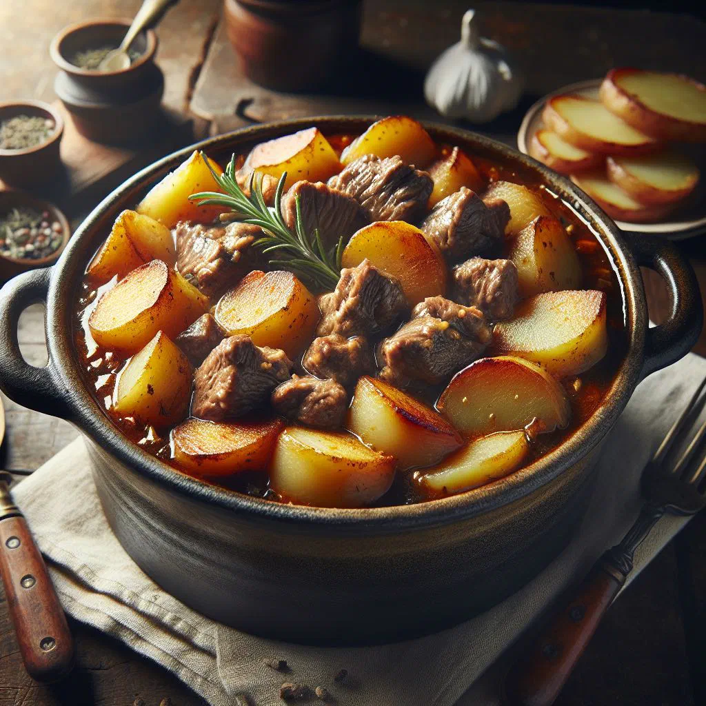Lancashire hotpot with a golden layer of sliced potatoes over tender lamb