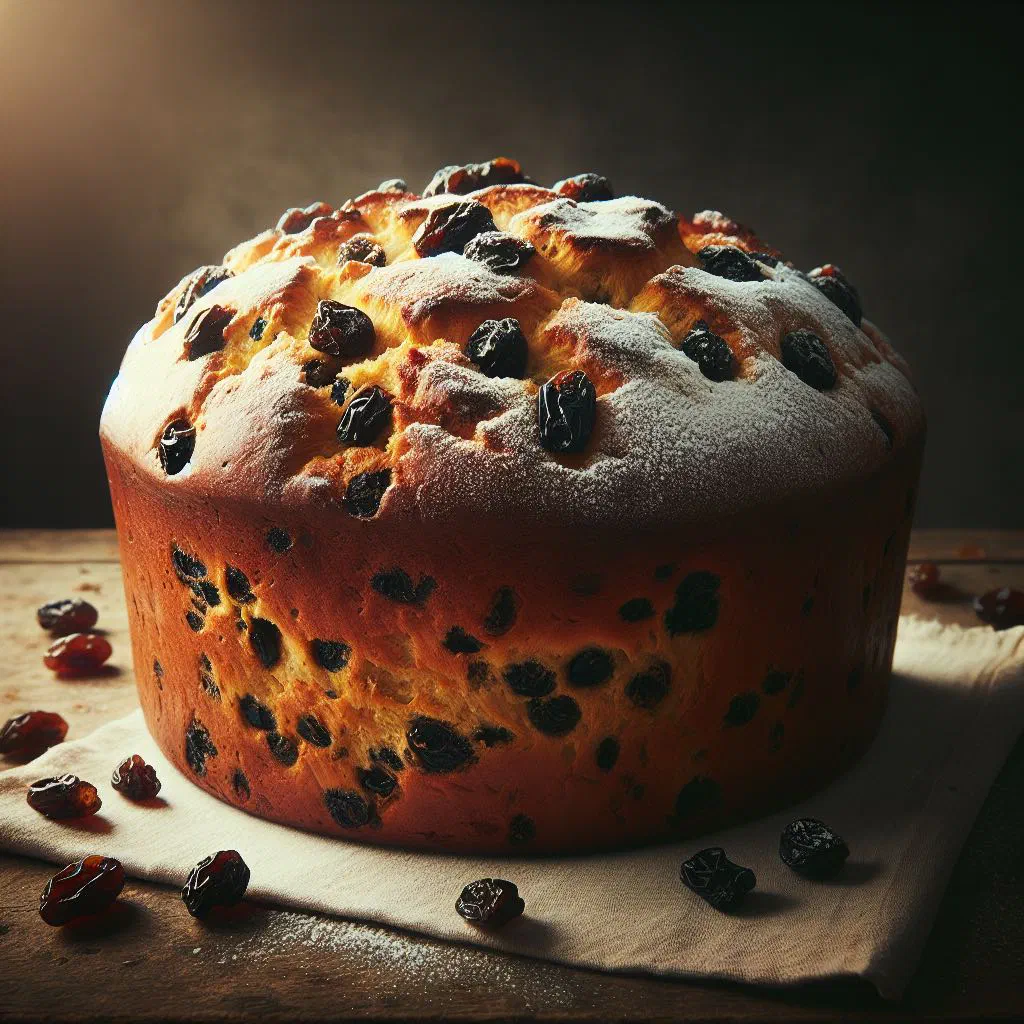 Golden lardy cake with a crisp sugar crust and dried fruit