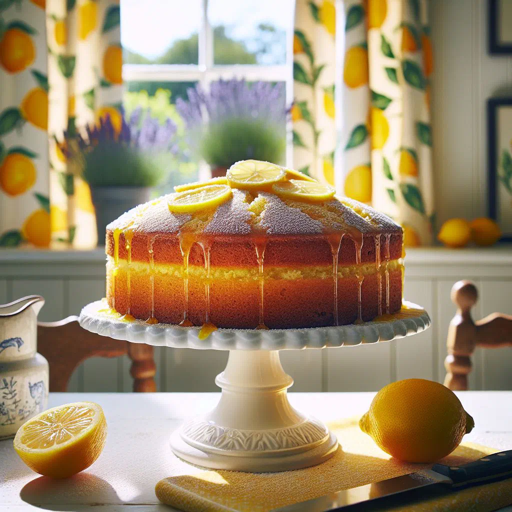 Slices of lemon drizzle cake with a glossy lemon syrup topping