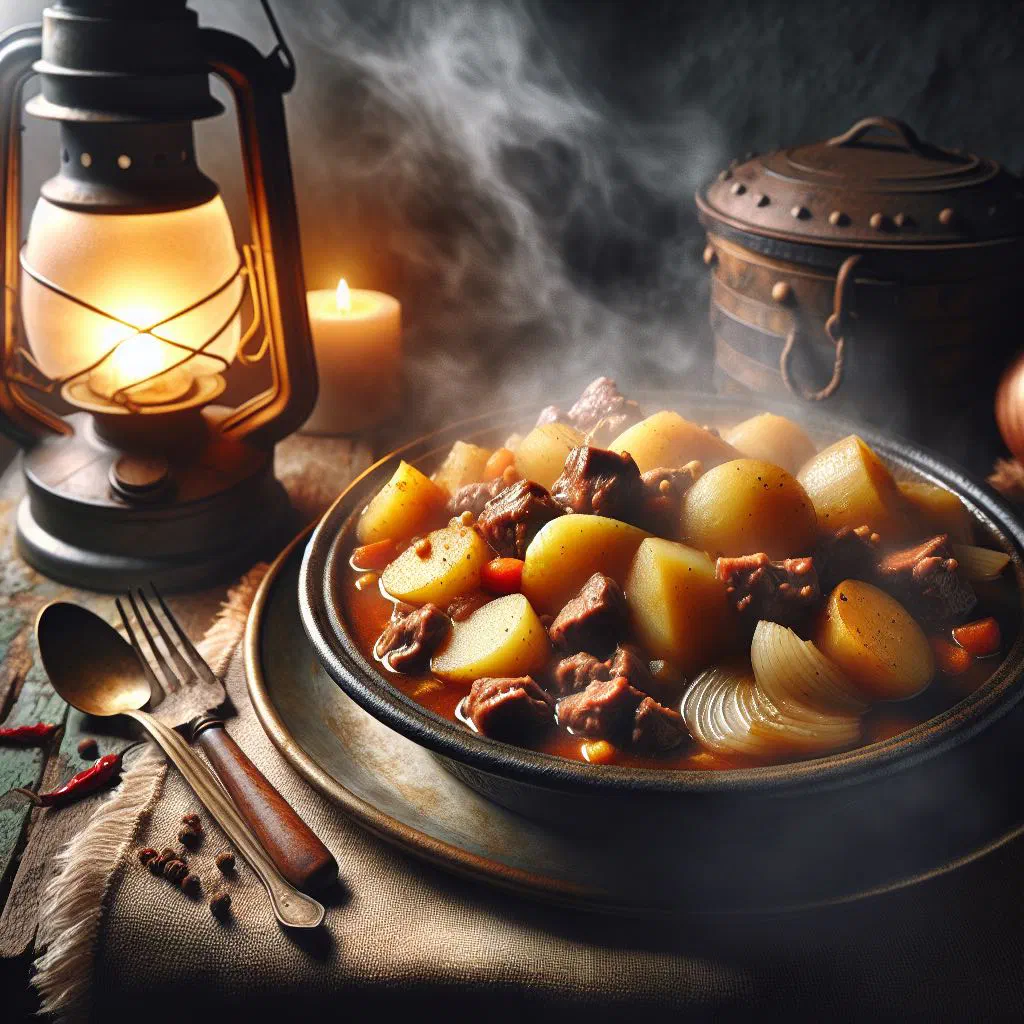 A bowl of hearty lobscouse stew with chunks of beef, potatoes and carrots